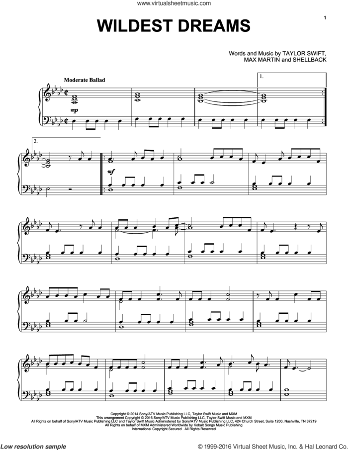 Wildest Dreams, (intermediate) sheet music for piano solo by Taylor Swift, Johan Schuster, Max Martin and Shellback, intermediate skill level