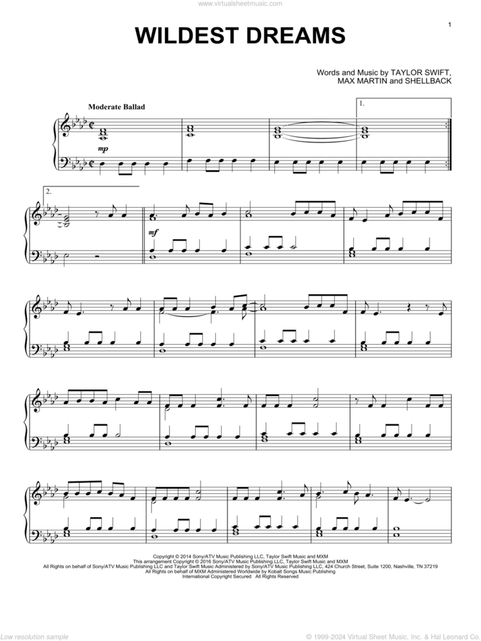 Wildest Dreams, (intermediate) sheet music for piano solo by Taylor Swift, Johan Schuster, Max Martin and Shellback, intermediate skill level