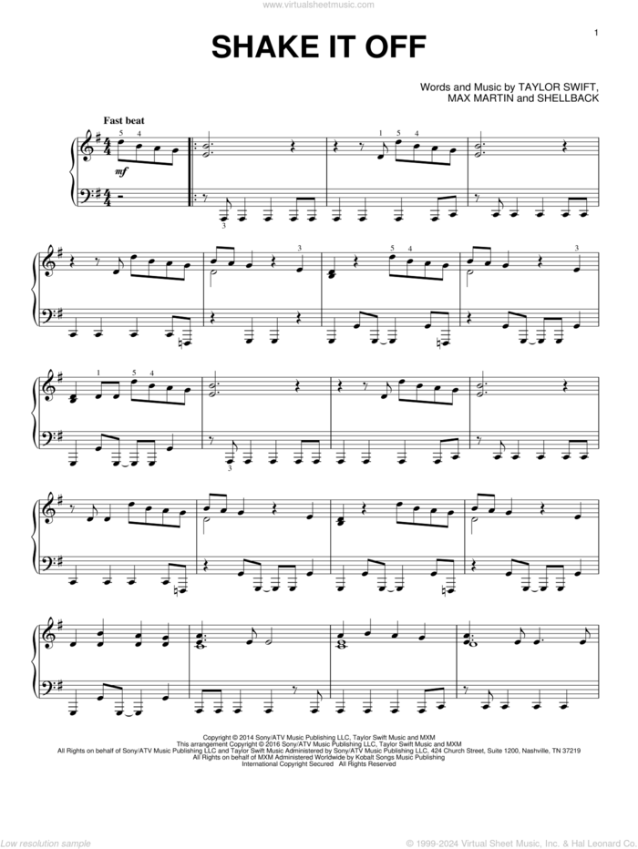 Shake It Off, (intermediate) sheet music for piano solo by Taylor Swift, Johan Schuster, Max Martin and Shellback, intermediate skill level