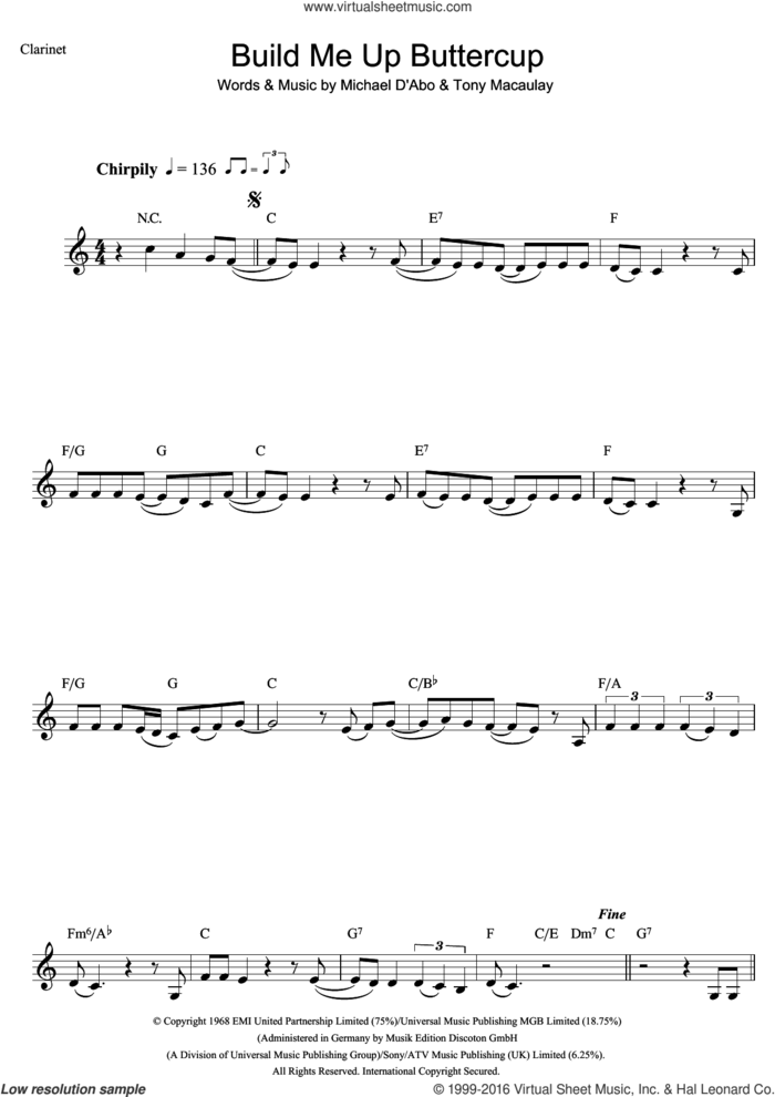 Build Me Up Buttercup sheet music for clarinet solo by The Foundations and Tony Macaulay, intermediate skill level