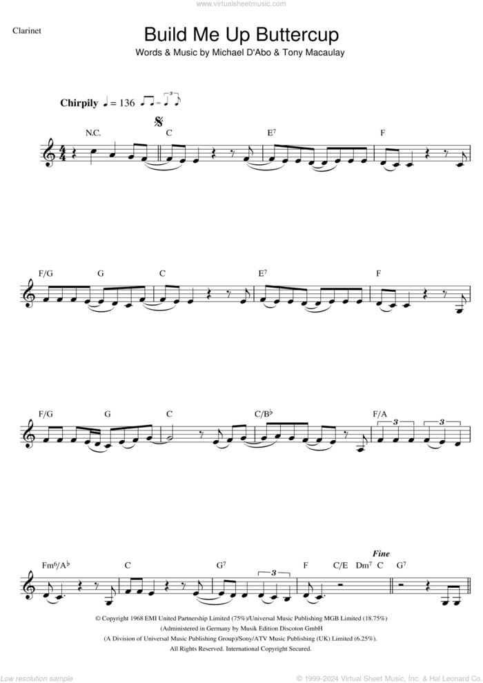 Build Me Up Buttercup sheet music for clarinet solo by The Foundations and Tony Macaulay, intermediate skill level