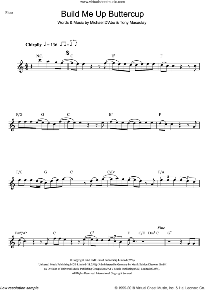 Build Me Up Buttercup sheet music for flute solo by The Foundations and Tony Macaulay, intermediate skill level