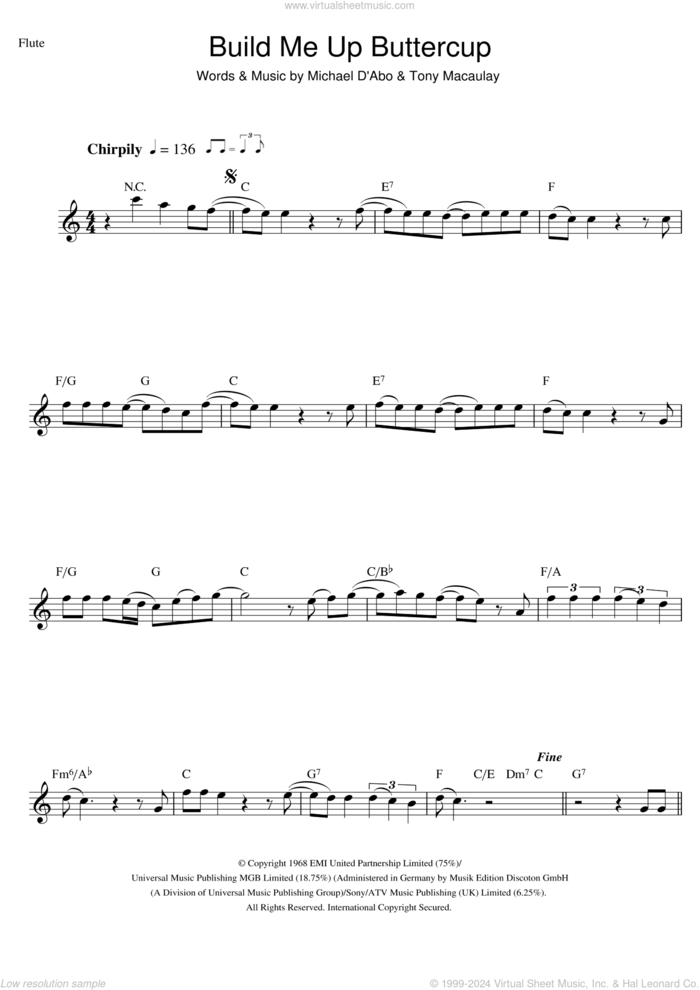 Build Me Up Buttercup sheet music for flute solo by The Foundations and Tony Macaulay, intermediate skill level