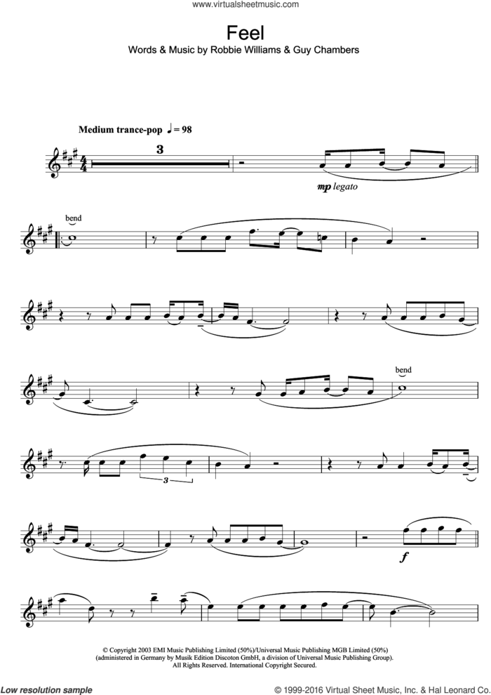 Feel sheet music for clarinet solo by Robbie Williams and Guy Chambers, intermediate skill level