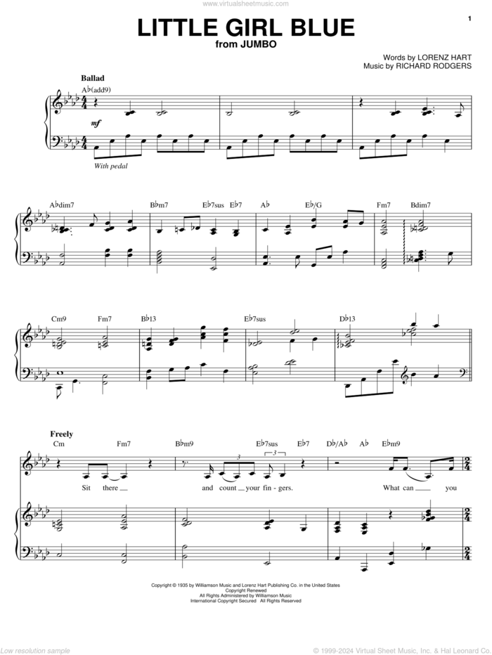 Little Girl Blue sheet music for voice and piano by Diana Krall, Rodgers & Hart, Lorenz Hart and Richard Rodgers, intermediate skill level