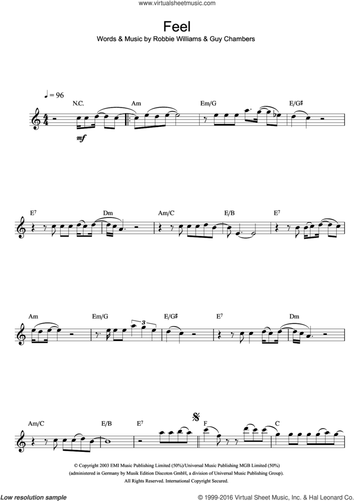 Feel sheet music for saxophone solo by Robbie Williams and Guy Chambers, intermediate skill level
