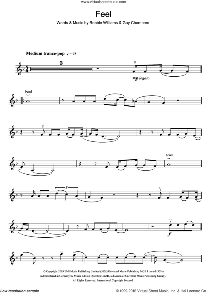 Feel sheet music for violin solo by Robbie Williams and Guy Chambers, intermediate skill level