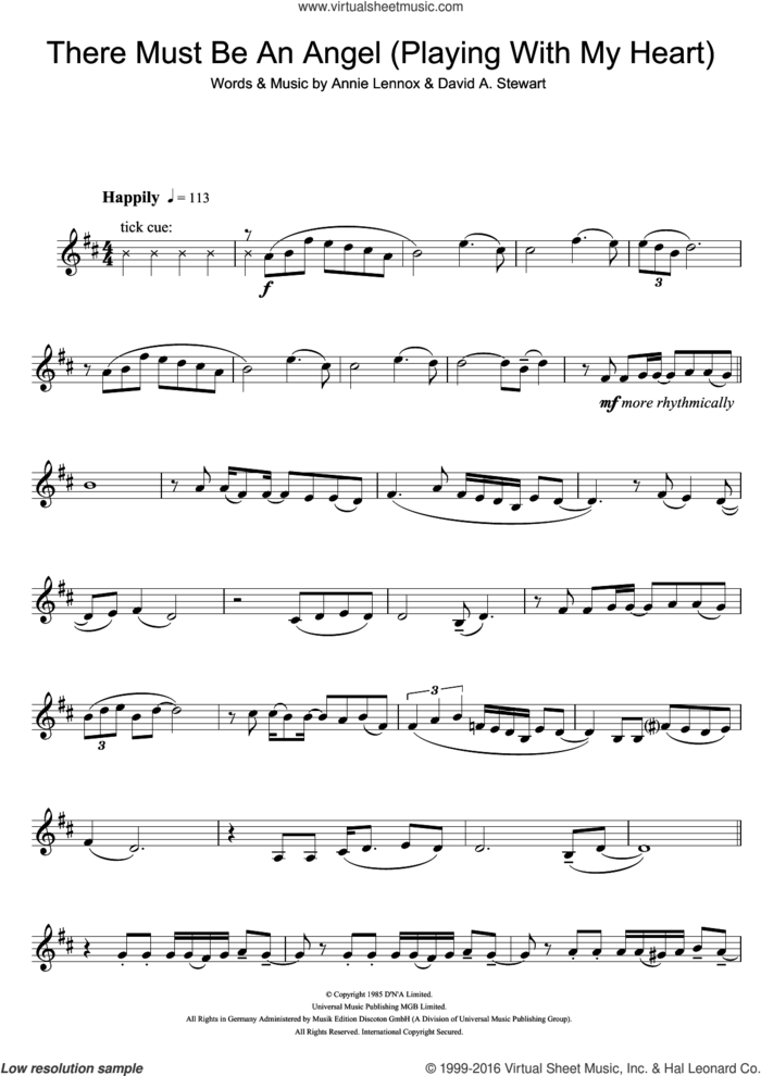 There Must Be An Angel (Playing With My Heart) sheet music for clarinet solo by Eurythmics, Annie Lennox and Dave Stewart, intermediate skill level