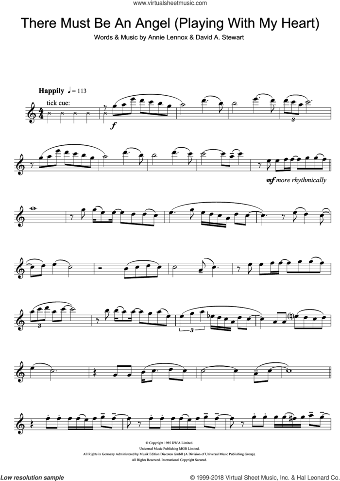 There Must Be An Angel (Playing With My Heart) sheet music for flute solo by Eurythmics, Annie Lennox and Dave Stewart, intermediate skill level
