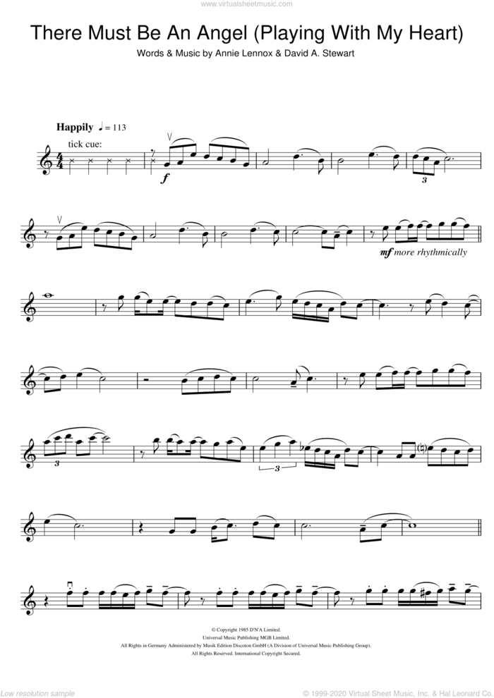There Must Be An Angel (Playing With My Heart) sheet music for violin solo by Eurythmics, Annie Lennox and Dave Stewart, intermediate skill level