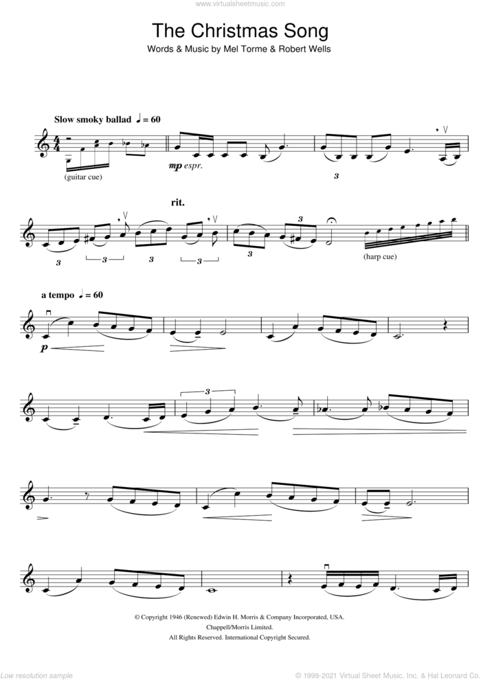 The Christmas Song (Chestnuts Roasting On An Open Fire) sheet music for violin solo by Mel Torme, Mel Torme and Robert Wells, intermediate skill level