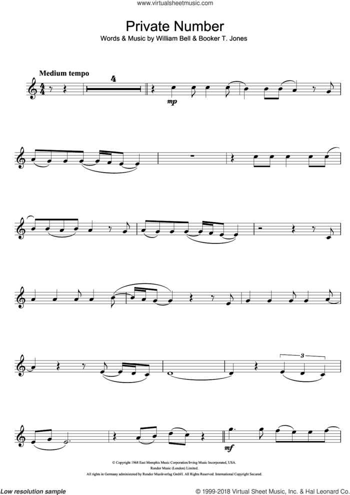 Private Number sheet music for flute solo by William Bell and Booker T. Jones, intermediate skill level