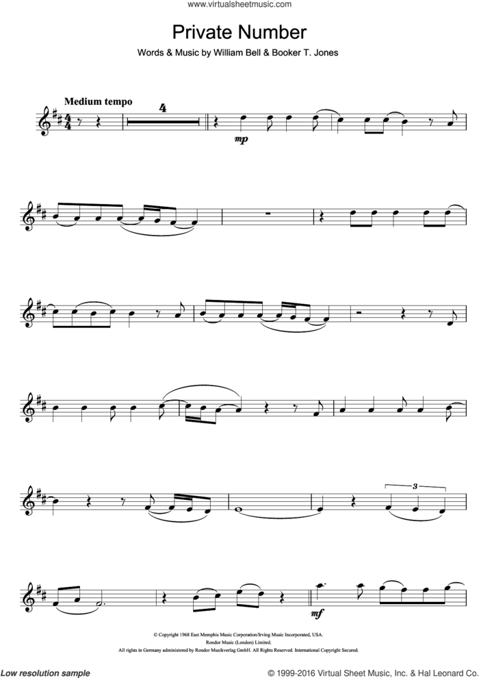 Private Number sheet music for trumpet solo by William Bell and Booker T. Jones, intermediate skill level