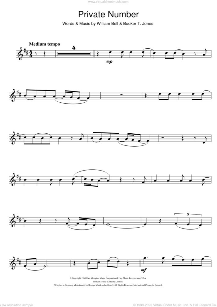 Private Number sheet music for tenor saxophone solo by William Bell and Booker T. Jones, intermediate skill level