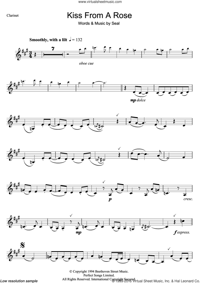 Kiss From A Rose sheet music for clarinet solo by Manuel Seal, intermediate skill level