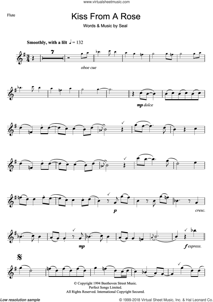 Kiss From A Rose sheet music for flute solo by Manuel Seal, intermediate skill level