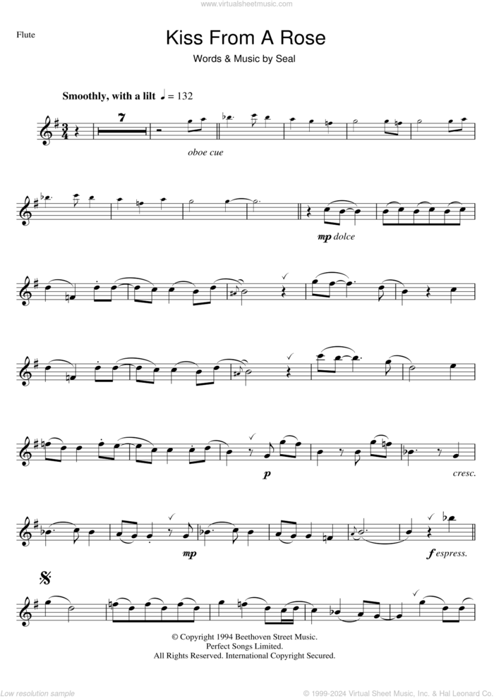 Kiss From A Rose sheet music for flute solo by Manuel Seal, intermediate skill level