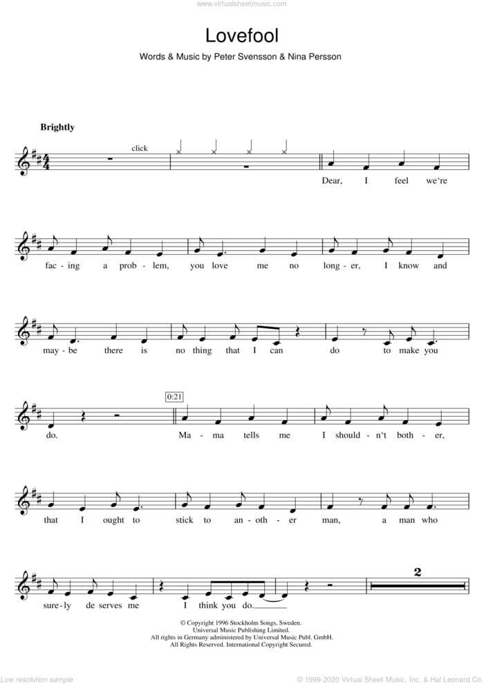 Lovefool sheet music for clarinet solo by The Cardigans, Nina Persson and Peter Svensson, intermediate skill level