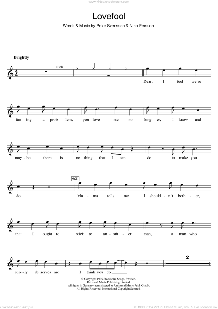 Lovefool sheet music for flute solo by The Cardigans, Nina Persson and Peter Svensson, intermediate skill level