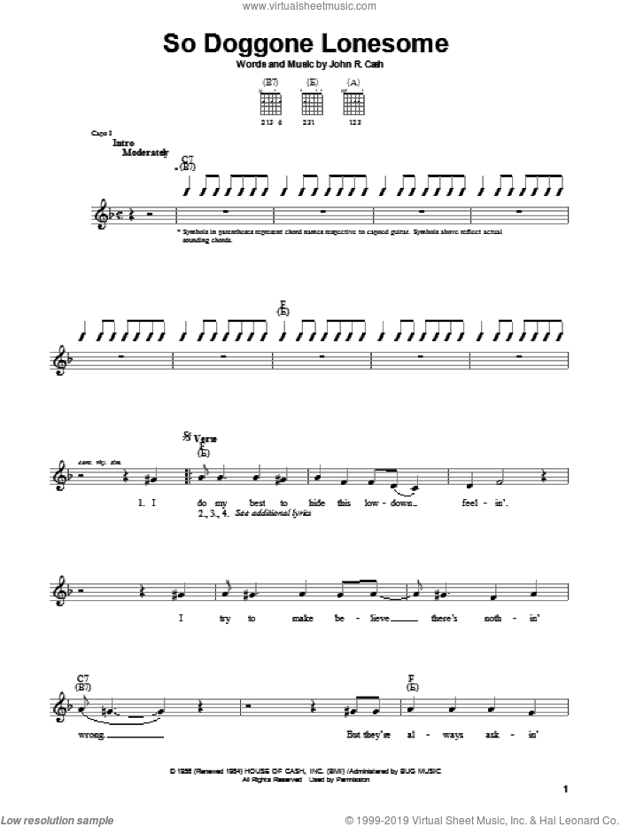 So Doggone Lonesome sheet music for guitar solo (chords) by Johnny Cash, easy guitar (chords)