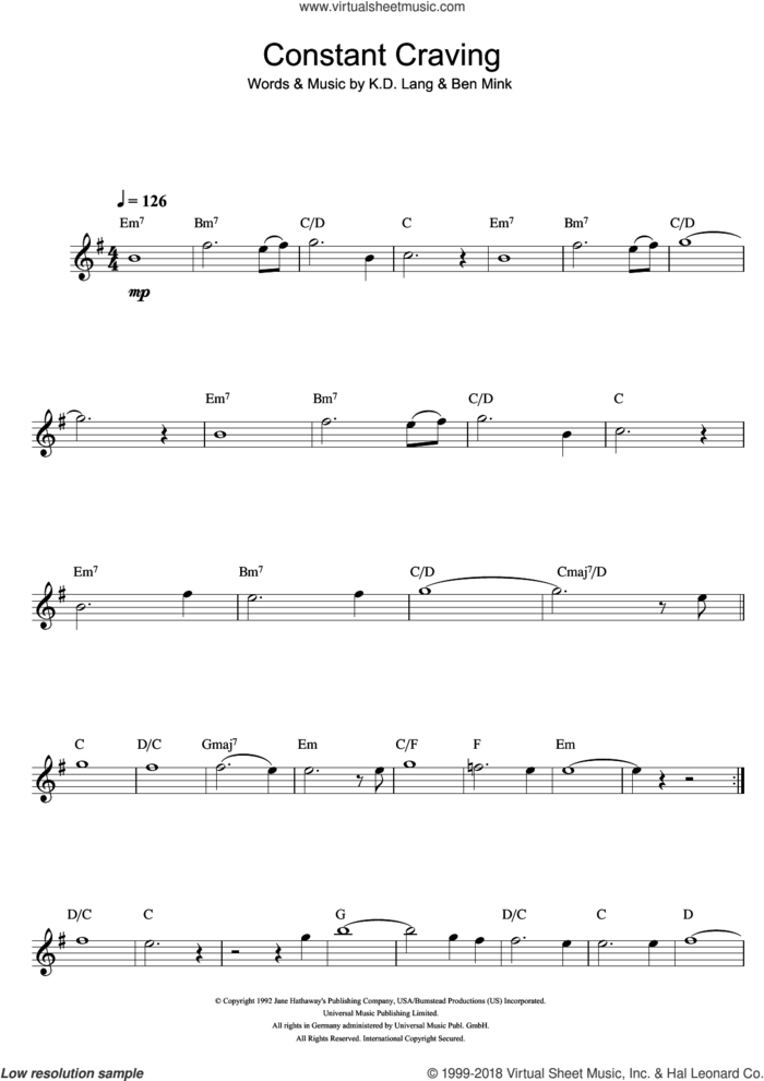 Constant Craving sheet music for flute solo by k.d. lang, K.D Land and Ben Mink, intermediate skill level