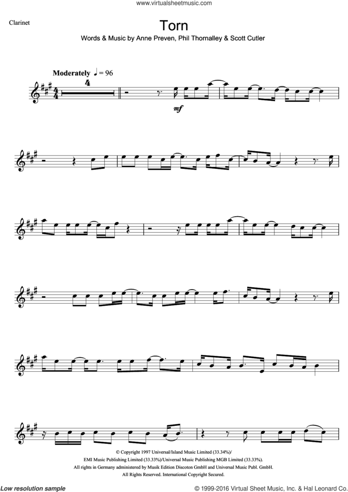 Torn sheet music for clarinet solo by Natalie Imbruglia, Anne Preven, Phil Thornalley and Scott Cutler, intermediate skill level