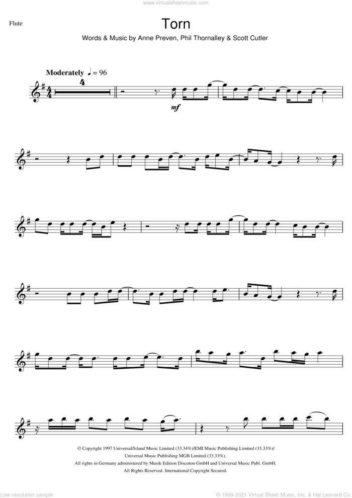 Torn sheet music for flute solo by Natalie Imbruglia, Anne Preven, Phil Thornalley and Scott Cutler, intermediate skill level
