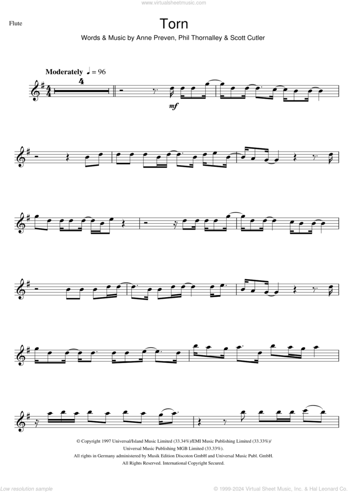 Torn sheet music for flute solo by Natalie Imbruglia, Anne Preven, Phil Thornalley and Scott Cutler, intermediate skill level