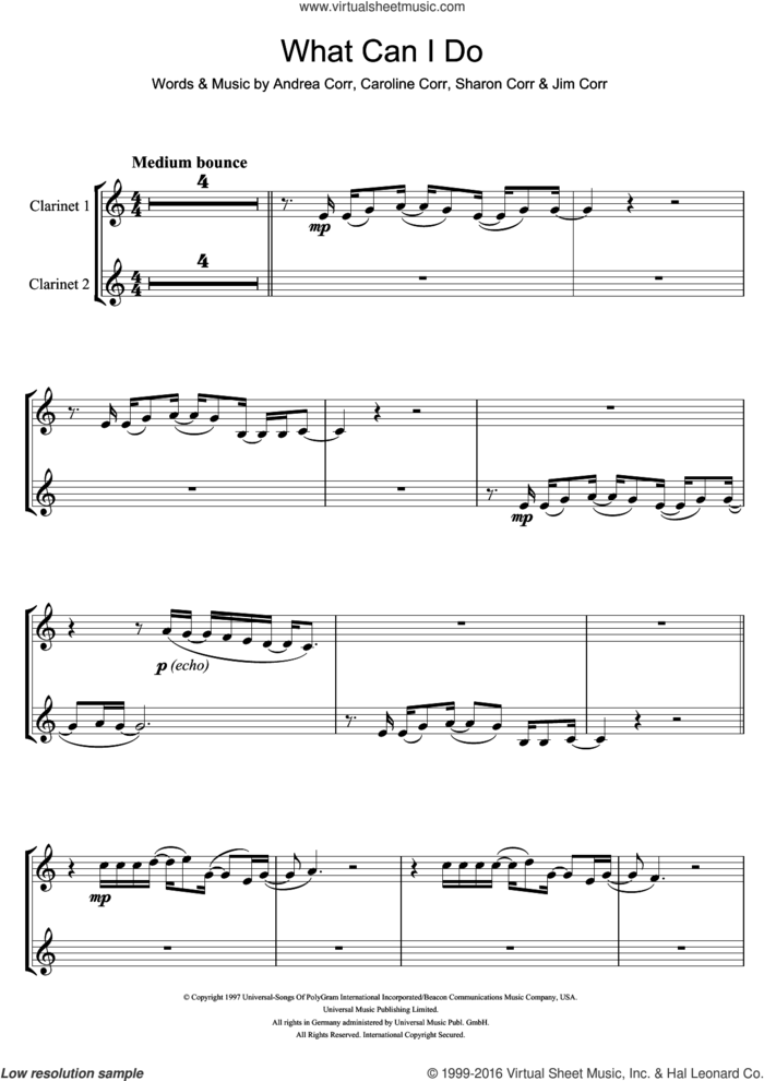 What Can I Do sheet music for clarinet solo by The Corrs, Andrea Corr, Caroline Corr, Jim Corr and Sharon Corr, intermediate skill level