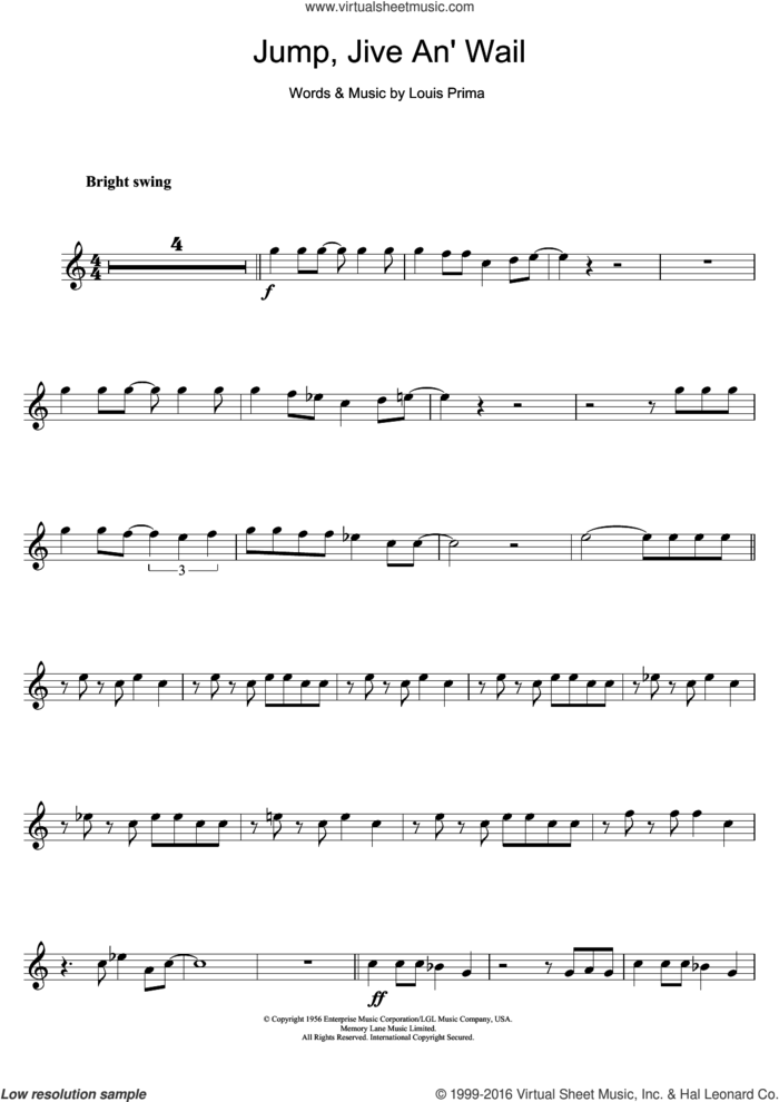 Jump, Jive An' Wail sheet music for clarinet solo by Louis Prima, intermediate skill level