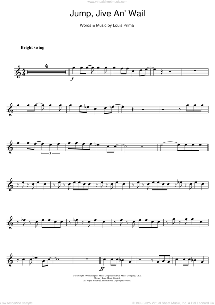 Jump, Jive An' Wail sheet music for tenor saxophone solo by Louis Prima, intermediate skill level