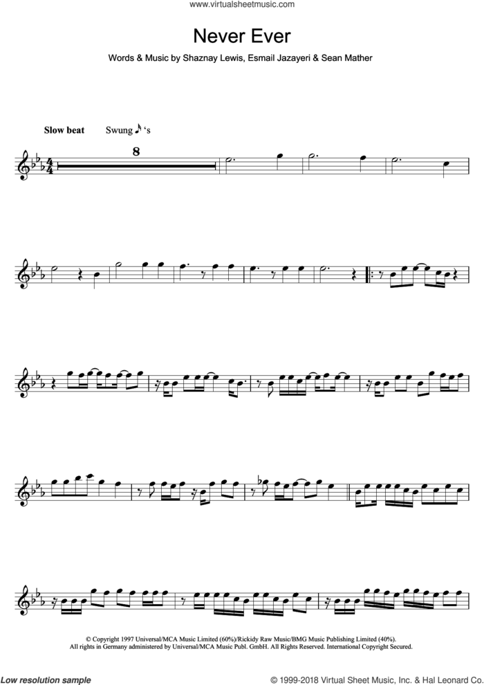 Never Ever sheet music for flute solo by All Saints, Esmail Jazayeri, Sean Mather and Shaznay Lewis, intermediate skill level