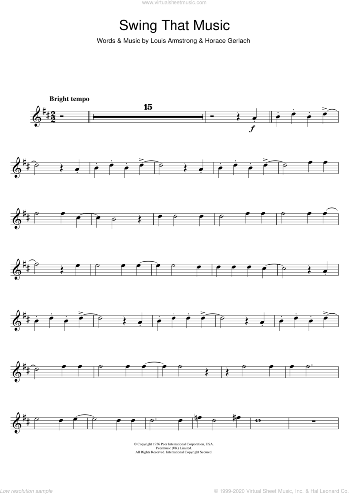 Swing That Music sheet music for trumpet solo by Louis Armstrong and Horace Gerlach, intermediate skill level