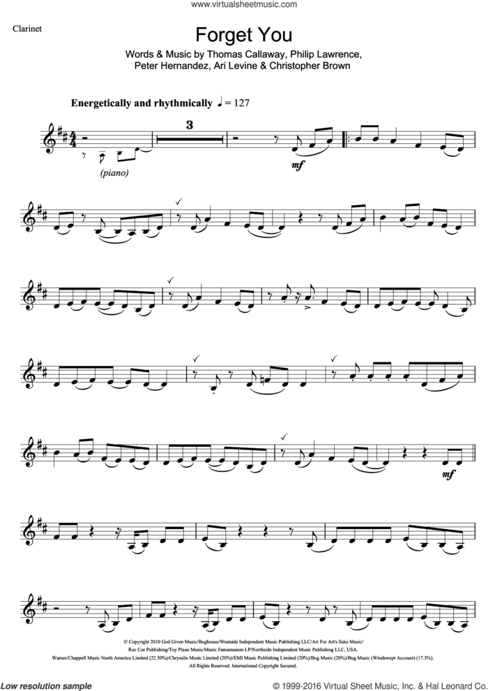 Forget You sheet music for clarinet solo by Cee Lo Green, Ari Levine, Chris Brown, Peter Hernandez, Philip Lawrence and Thomas Callaway, intermediate skill level