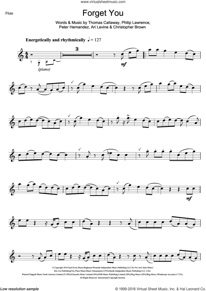 Forget You sheet music for flute solo by Cee Lo Green, Ari Levine, Chris Brown, Peter Hernandez, Philip Lawrence and Thomas Callaway, intermediate skill level