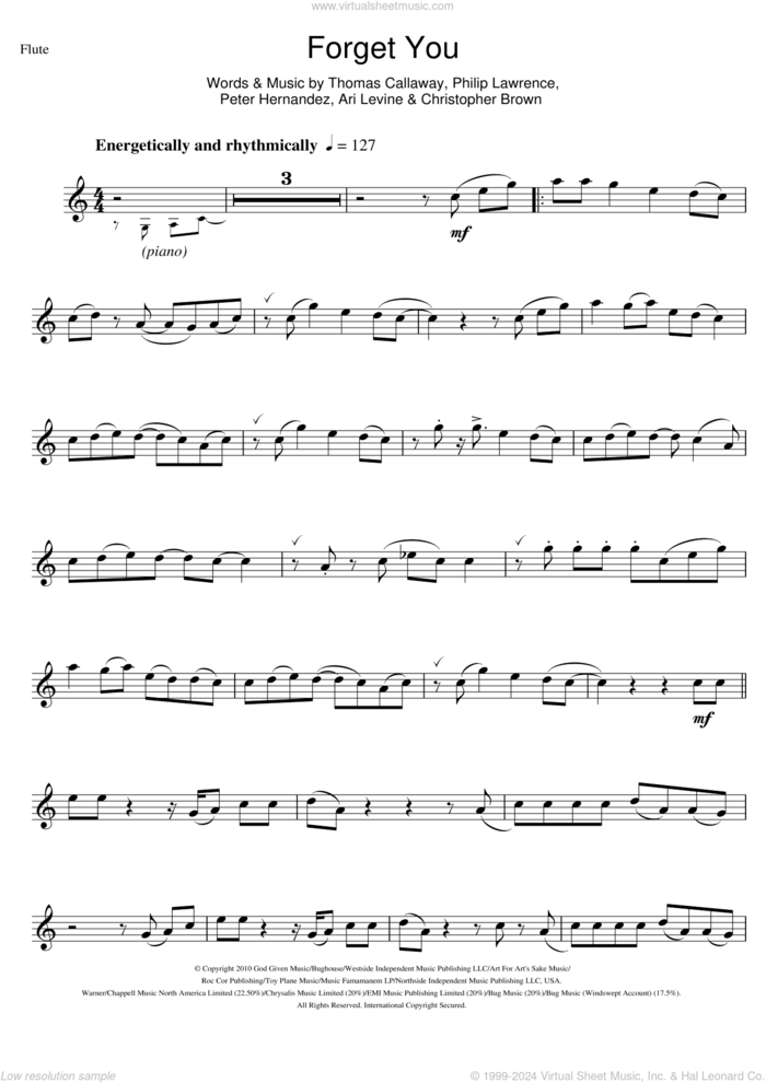 Forget You sheet music for flute solo by Cee Lo Green, Ari Levine, Chris Brown, Peter Hernandez, Philip Lawrence and Thomas Callaway, intermediate skill level