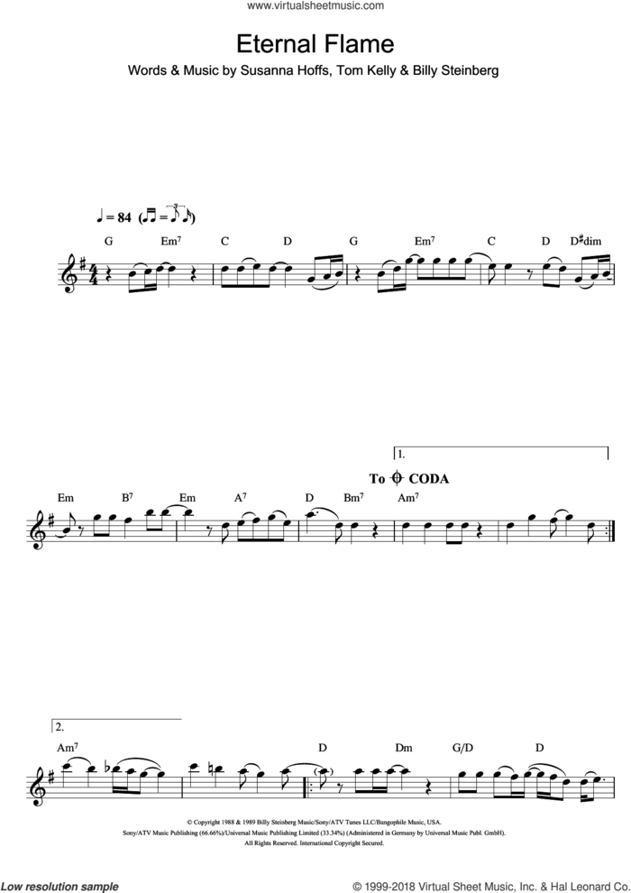 Eternal Flame sheet music for flute solo by Atomic Kitten, The Bangles, Billy Steinberg, Susanna Hoffs and Tom Kelly, intermediate skill level
