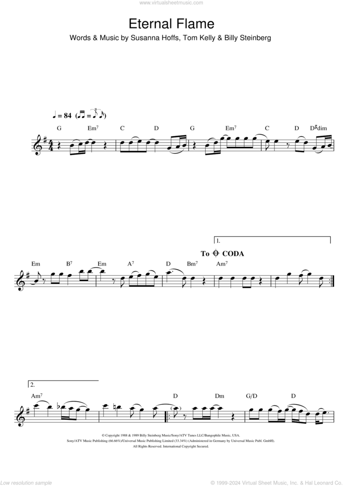 Eternal Flame sheet music for flute solo by Atomic Kitten, The Bangles, Billy Steinberg, Susanna Hoffs and Tom Kelly, intermediate skill level