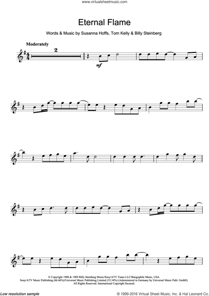 Eternal Flame sheet music for violin solo by The Bangles, Atomic Kitten, Billy Steinberg, Susanna Hoffs and Tom Kelly, intermediate skill level