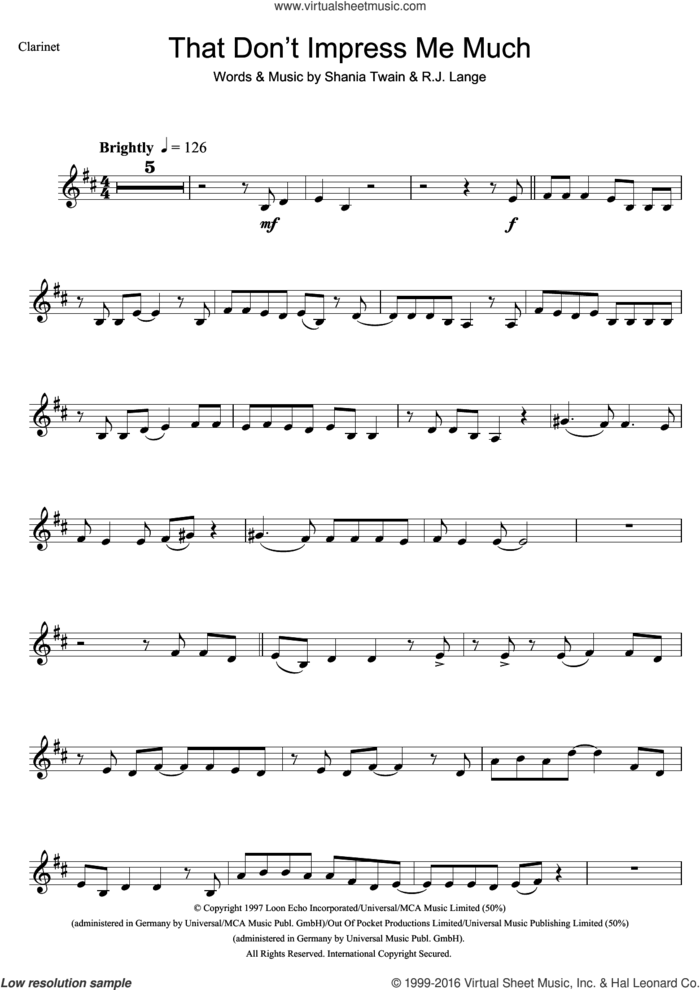That Don't Impress Me Much sheet music for clarinet solo by Shania Twain and Robert John Lange, intermediate skill level