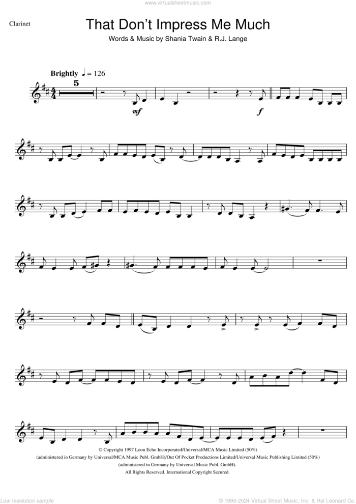 That Don't Impress Me Much sheet music for clarinet solo by Shania Twain and Robert John Lange, intermediate skill level