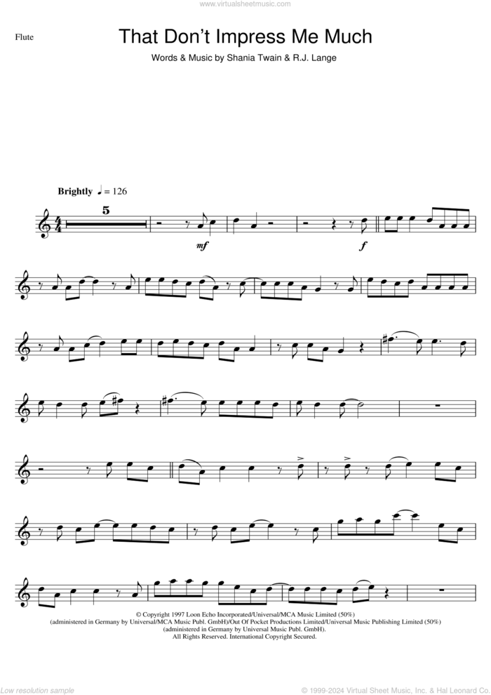 That Don't Impress Me Much sheet music for flute solo by Shania Twain and Robert John Lange, intermediate skill level