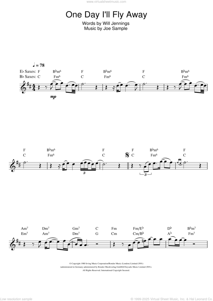 One Day I'll Fly Away sheet music for saxophone solo by Randy Crawford, Nicole Kidman, Joe Sample and Will Jennings, intermediate skill level