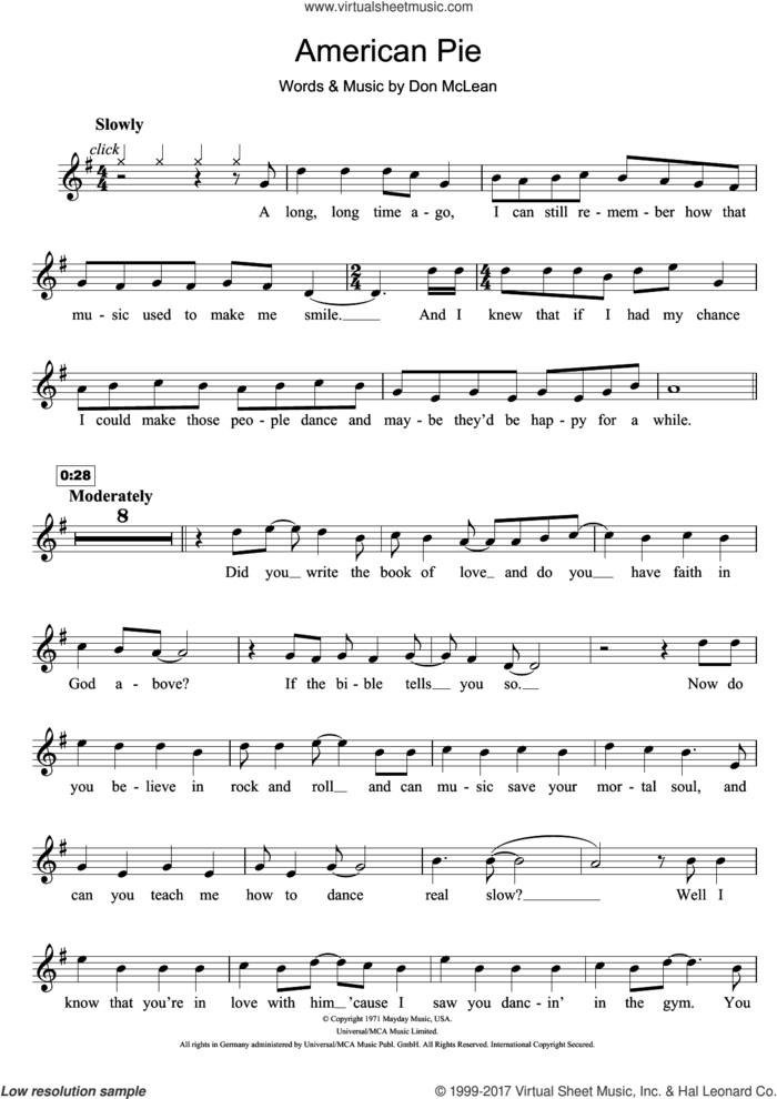 American Pie sheet music for violin solo by Madonna and Don McLean, intermediate skill level