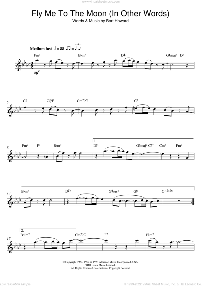 Fly Me To The Moon (In Other Words) sheet music for flute solo by Frank Sinatra, Diana Krall and Bart Howard, intermediate skill level