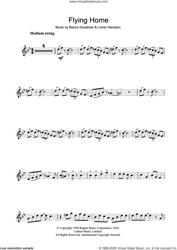 Flying Home sheet music for clarinet solo by Ella Fitzgerald, Benny Goodman and Lionel Hampton, intermediate skill level