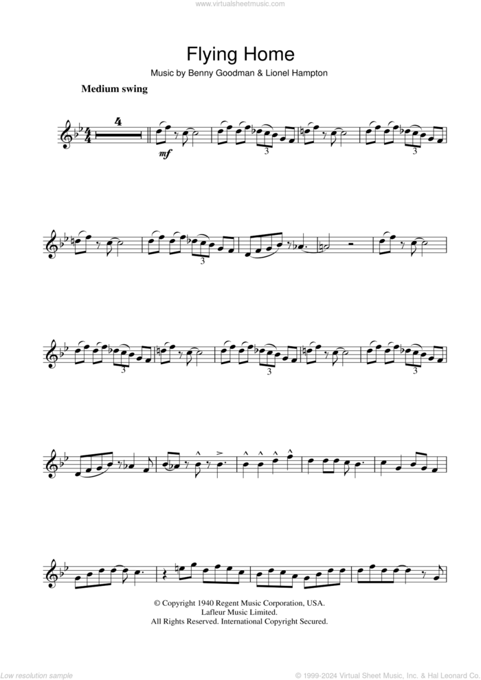 Flying Home sheet music for clarinet solo by Ella Fitzgerald, Benny Goodman and Lionel Hampton, intermediate skill level