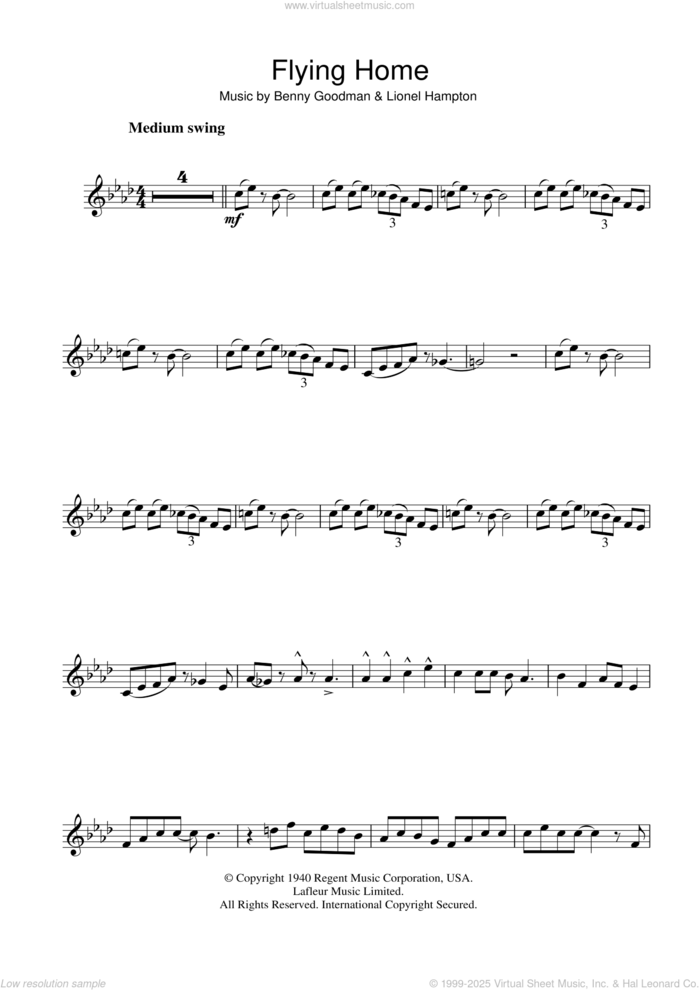 Flying Home sheet music for tenor saxophone solo by Ella Fitzgerald, Benny Goodman and Lionel Hampton, intermediate skill level