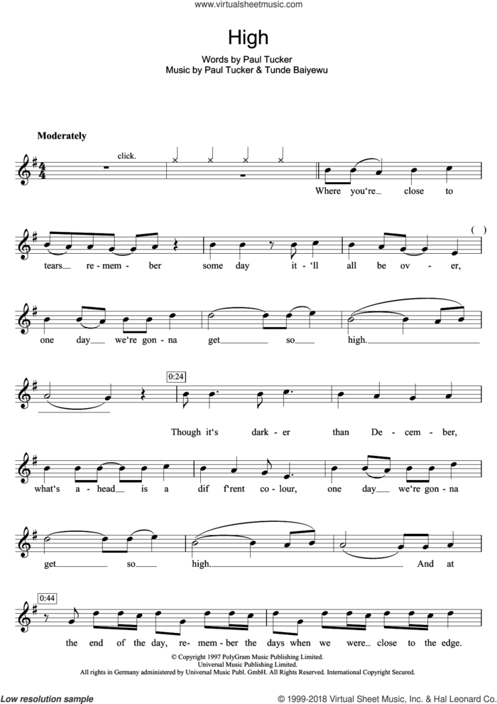 High sheet music for flute solo by Lighthouse Family, Paul Tucker and Tunde Baiyewu, intermediate skill level