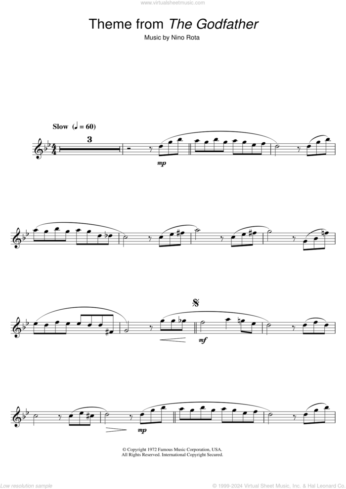 Theme from The Godfather sheet music for clarinet solo by Nino Rota, intermediate skill level